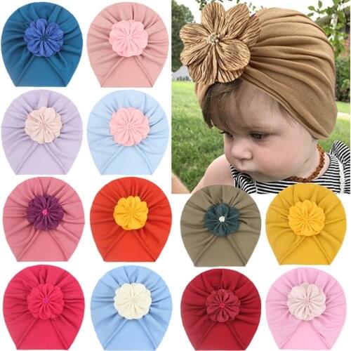 Fashion Infant Soft Floral with Pearl Caps Winter Baby Girl Chiffon Beanie Hats Toddler Solid Color Turban Bonnet Child Headwear