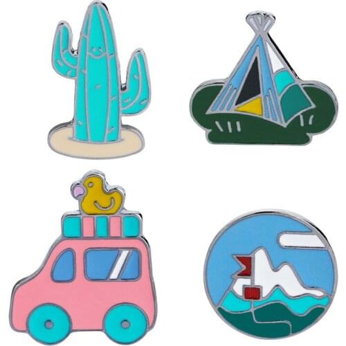 Cartoon enamel brooch creative plant cactus mountain peak tent car alloy brooch fashion denim Shirt collar pin badge jewelry