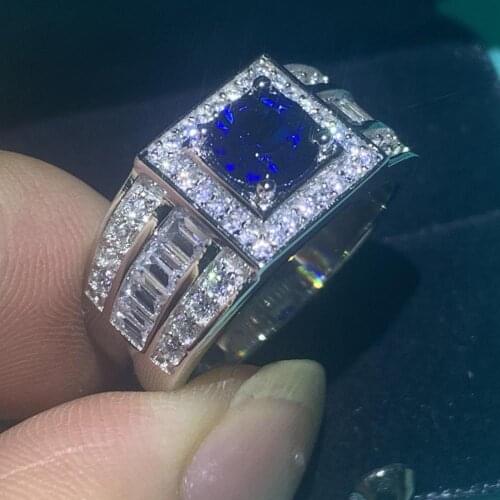 2019 Men Ring Luxury Jewelry Pure 100% 925 Sterling Silver Round Cut Blue 5A Cubic Zirconia Birthstone Wedding Engagement Ring