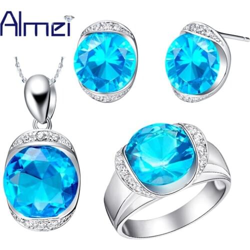 Almei Red Blue Set New Lady Jewellery Silver Bijuterias Crystal Jewelry Sets for Woman Bridal Earring Pendants Ring Bijoux T088
