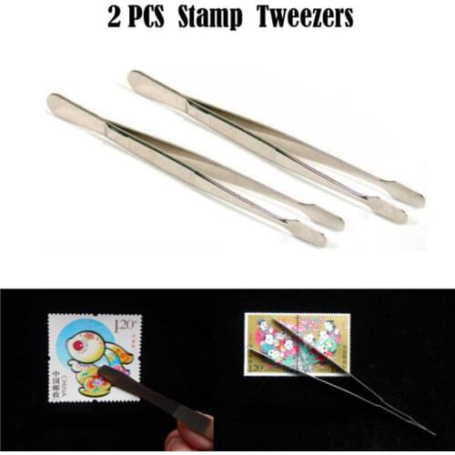 New 2pcs Stainless Steel Tweezers Stamps Philately Collector Tools Straight Spade Tong