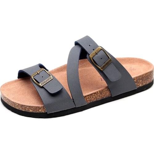 New Mens Leather Mule Clogs Slippers High Quality Soft Cork Two Buckle Slides Footwear For Men Women Unisex 35-46