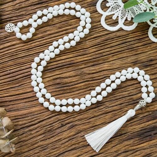 8mm White Jade Mala Necklace 108 Beads Knotted Japamala Meditation Yoga Blessing Jewelry Tibetan Tassel Pendant