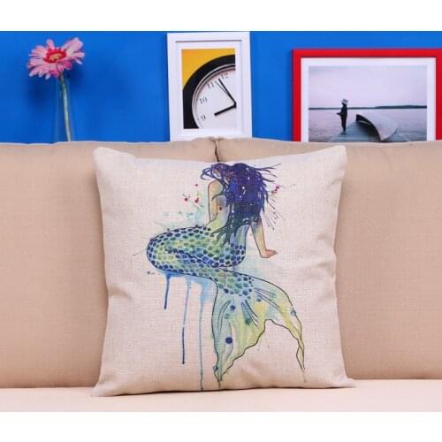 Mermaid pillow cover, watercolor mermaid cartoon playful fresh throw pillow case pillowcase Wholesale