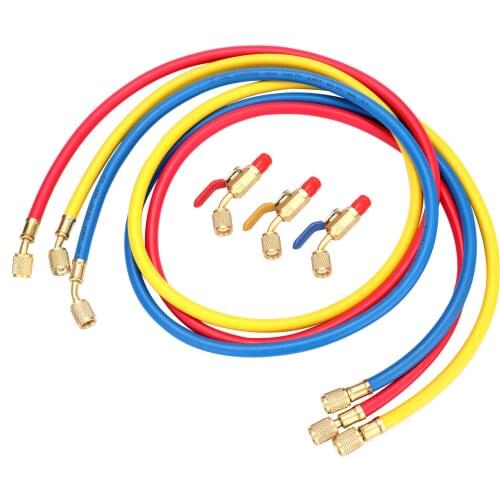 R134A R12 R22 Air Conditioning Refrigerant Charge Hose 1/4'' SAE Thread 60''/1.524m Long Red/Yellow/Blue Tube with Ball Valve