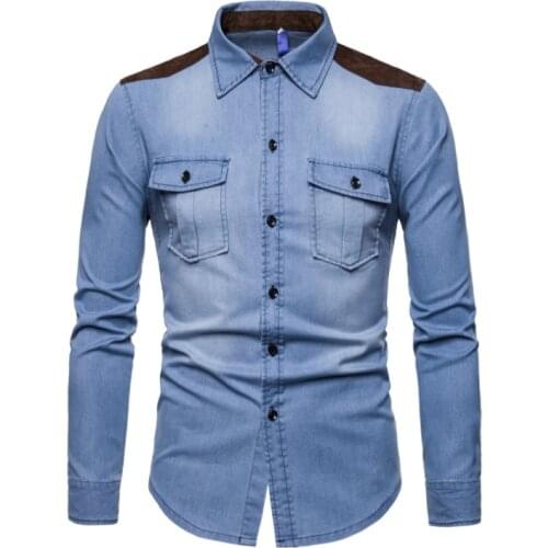 Europe/US Size Denim Shirt Men New Patchwork Long Sleeve Shirts Fashion Pockets 100% Cotton Denim Shirts Male Camisa Masculina