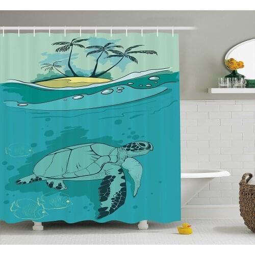 Ocean Shower Curtain Sea Turtle Swimming Coral Reef Exotic Island Underwater Life Illustration Bathroom Waterproof Curtains