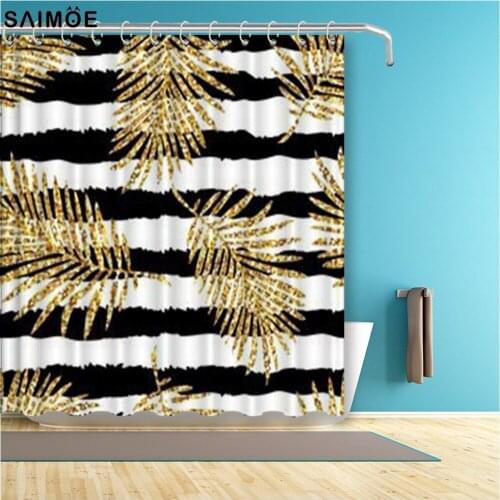 Modern Glitter Gold Leaves Printed Bathroom Curtain Black Stripes Waterproof Polyester Fabric Bath Shower Curtain Home Decor
