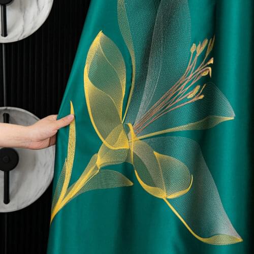 Modern Lily Embroidered Curtain Full Blackout Shading Finished Bedroom Living Room Balcony Window Curtain Fabric