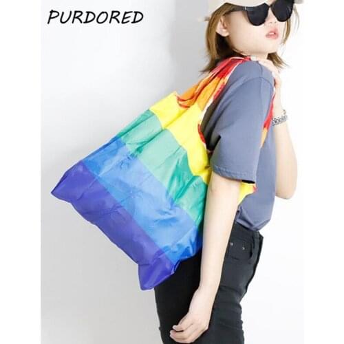 PURDORED 1 Pc Women Large Shopping Bags Waterproof Polyester Rainbow Pattern Reusable Shopping Bags Fruit Storage Shoulder Bag