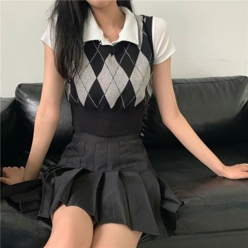 Retro Y2k Argyle Knitted Pullovers Vest Womens Summer Autumn 2021 Fashion Korean V-neck Crop Tops Preppy Style Sweater Vest