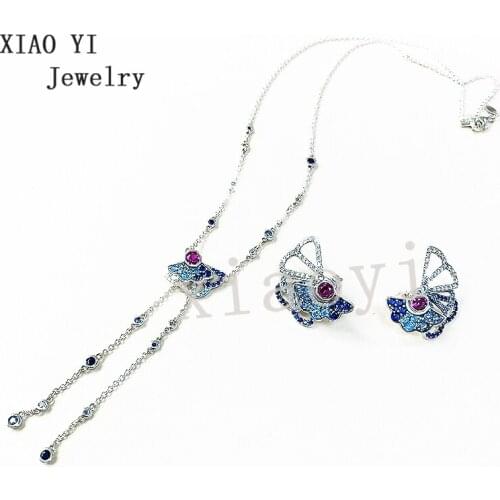 XIAOYI 2020 NEW S925 blue fan shape fringed long Y necklace earring set love gift for European Oriental special jewelry female