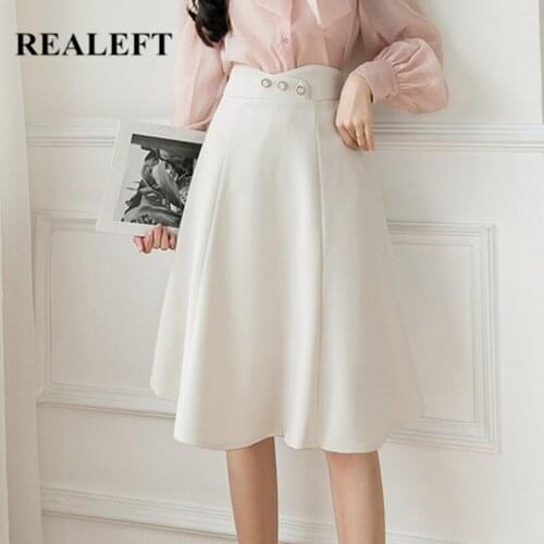 REALEFT 2021 New Elegant Womens A-Line Skater Skirts High Waist Solid Buttons Office Ladies Casual Midi Skirts Spring Autumn