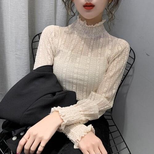 Womens Turtleneck Lace Autumn Winter Long Sleeve Mesh Top Blouse Women Blusas Ropa De Mujer