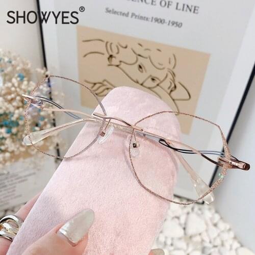 Large Size Frameless Glasses Women Inlay Gold Powder Myopia Eyeglasses Prescription Anti Blue Computer Oversized Eye Glasses 855