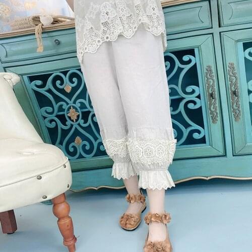 Mori Girl Summer Elastic Waist Leisure Art Pants Women Solid Color Lace Embroidery Female Ankle Length Bloomers Z033