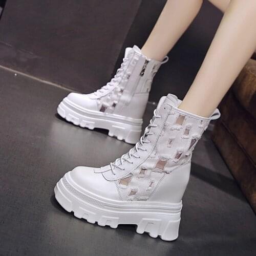 Womens High Platform Chunky Sneakers 2021 Autumn Ankle Boots Wedges Heels Leather Motorcycle Boot Botas High Heels De Mujer
