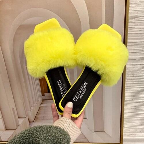 Womens plush slippers outdoor Flat shoes 2021 summer Beach rubber fur slides Fashion black yellow Plus size sandals Free shippi