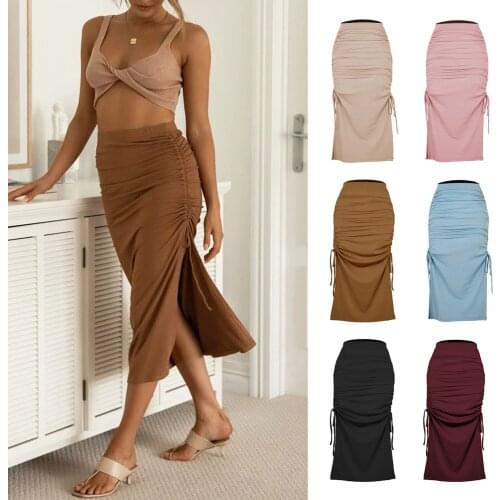 2021 Women High Waist Pencil Skirts Split Wrap Skirt Vintage Sexy Pleated Long Knitted Solid Skirt Female Fashion Skirts Mujer