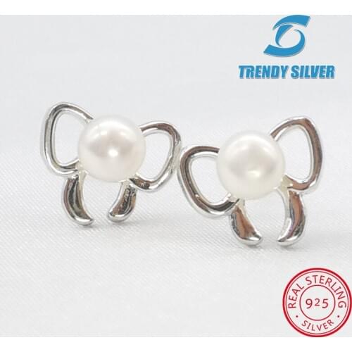 Fresh water natural pearl stub earring bow tie for woman 925 sterling silver jewelry wholesale free shipping chrismas gift
