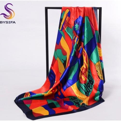 [BYSIFA] Brand Charater Women Muslim Head Scarf Wraps Fashion Accessories Ladies Red Satin Square Scarves Winter Silk Scarf Cape