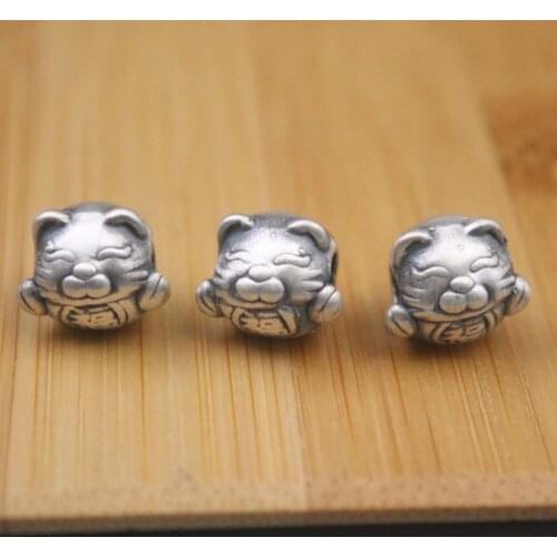 1PCS Pure 925 Sterling Silver Bead 11*12mm Lucky Fu Smiling Cat DIY Bead Pendant For Men Women