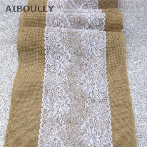 30*108CM Vintage Burlap Lace Table Runner Luxury Natural Jute Hessian Table Decoration for Country Wedding Party Supplies