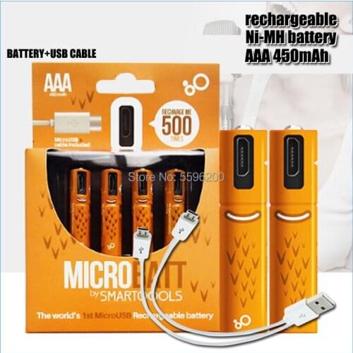 Portable Size USB Rechargeable 1.2V AAA 450mAh Batteries Long Using Time Micro USB Charging Batteries Set With LED Indicator