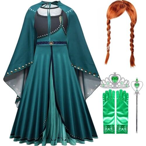 2020 New Snow Queen 2 Elsa Anna Dress for Girl Carnival Princess Costume Children Holiday Birthday Party Outfit Clothe Cloak Wig