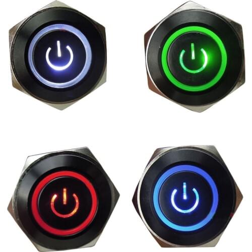 EE support 4Pcs 12V 3A 16mm Symbol & Circle LED Black Metal Push Button Switch ON/OFF(Blue/Red/White/Green) Car Styling