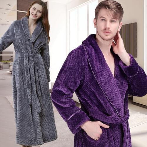 Men Women Winter Extra Long Thick Warm Grid Flannel Bathrobe Mens Thermal Luxury Bath Robe Soft as Silk Dressing Gown Male Robes