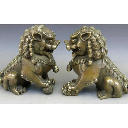 Chinese Antique bronze Feng shui Fu Foo Dog Lion Statue Door god pair lions