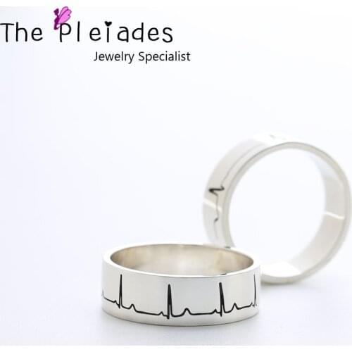 925 Solid Silver Couple Ring Engraved Your Heart Beat Wave Customized Ring Band 6mm Personalized Jewelry