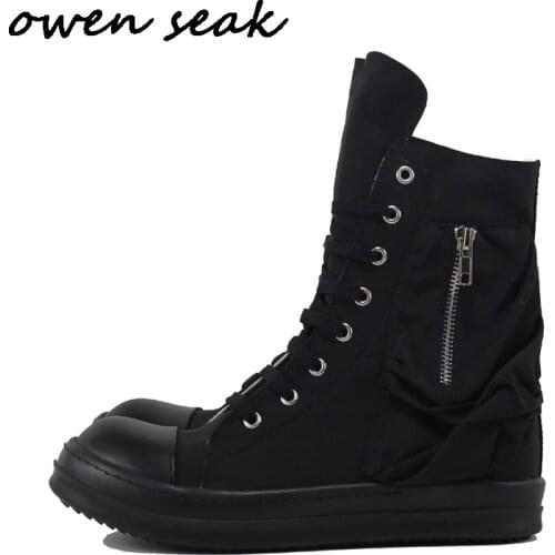 20ss Owen Seak Men Casual Canvas Shoes High-TOP Ankle Lace Up Luxury Trainers High Street Sneakers Boots Zip Flats Black Shoes