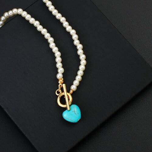 Lifefontier Wedding Pearl Choker Necklace For Women Girl Love Heart Shaped Turquoise Pendant Necklaces Jewelry Accessories Gifts