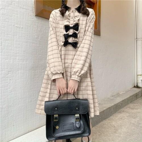Japanese Autumn New Kawaii Loli Dress Sweet Soft Girl Plaid Cosplay Midi Dress Full Sleeve Cute Brown Ruffles Retro Lady Dresses