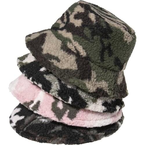 New Fashion Camo Warm Caps Wool Faux Fur Winter Bucket Hat For Women Camouflage Fisherman Hats Cap Panama Lady