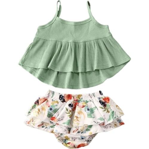 0-24M NEW Summer Toddler Baby Girl Clothes Set Cotton Sleeveless Knit Ribbed Top + Floral Print Triangle Shorts