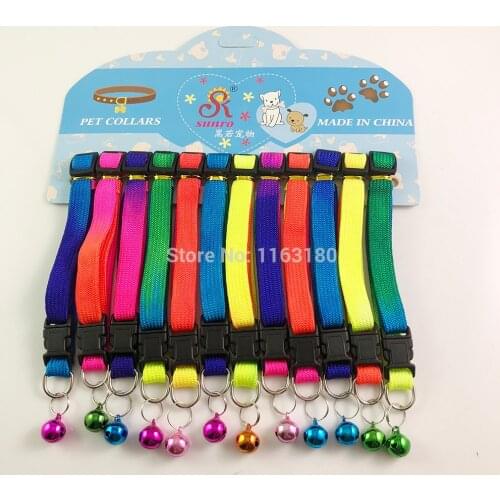 24pcs/lot Rainbow Color Pet Collar with Bell Identification Collars Pet Dog Cat Puppy Kitten Soft Nylon Collars
