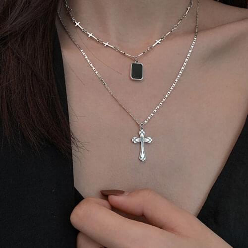 S925 Sterling Silver Necklace for Women Cross Retro Letter Light Luxury Clavicle Chain Jewelry Wholesale