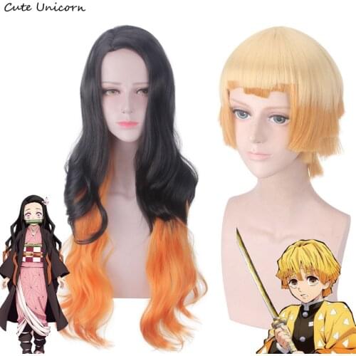 Demon Slayer Kimetsu no Yaiba Cosplay Wig Kamado Nezuko Long Curly Fake Hair Agatsuma Zenitsu Tanjirou short Wigs Synthetic Hair