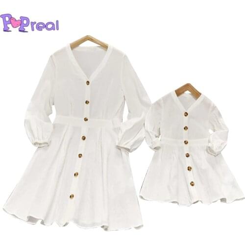 PopReal Parent-Child Outfit Family Matching Outfits White Dress Mom And Daughter Skirt Mini Mother Dress Single-Breasted Solid