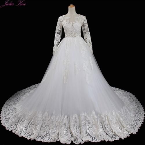 Julia Kui New Arrival A-line Vintage Wedding Dress O-Neck Full Sleeve Chapel Train Floor-Length Bride Dress Vestido de noiva