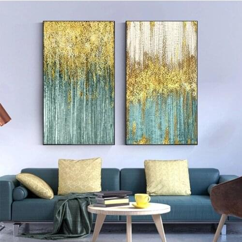 Luxury Golden Dots Abstract Canvas Wall Art Painting Pictures Blue Green Nordic Poster and Print for Living Room Modern Decor