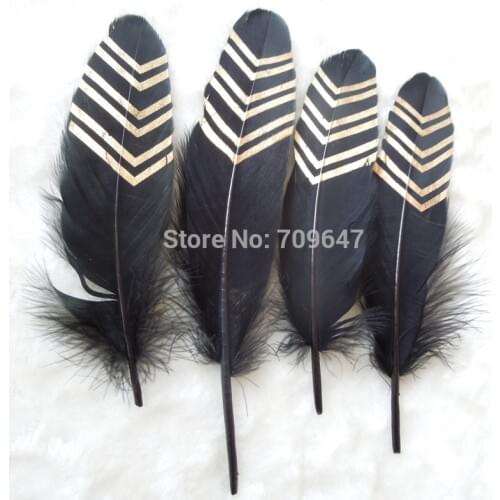 Plume!50Pcs/lot!13-20cm-Black Goose Satinettes Feathers with Gold Double Arrows Painting,fashion craft feathers for millinery