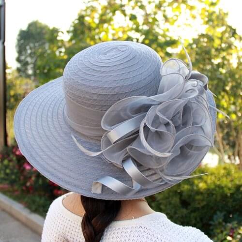 Women Sun Hat Satin Feather Summer Wide Brim UV Protection Sun Beach Cap Party Wedding