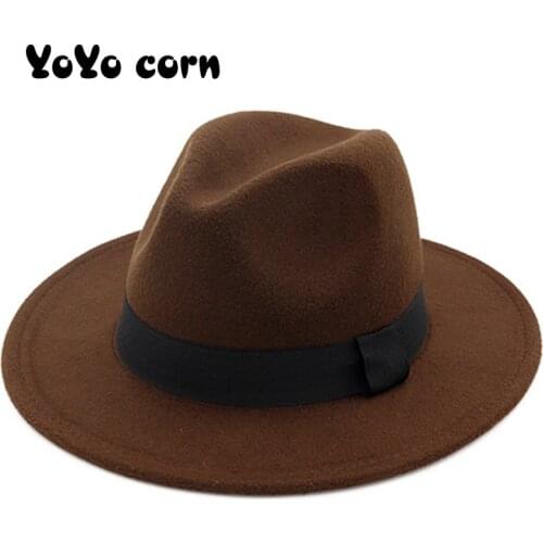 YOYOCORN Winter Fashion Wool Fedora Hat For Women Chapeau Black Hats For Men simple Wide Brim Autumn Female Fashion Top Jazz Cap