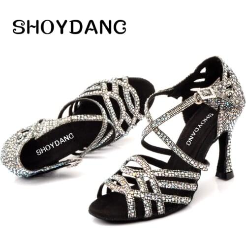 SHOYDANC Women Salsa Party Ballroom Shoes Latin dance shoes Big Small Rhinestone Shining Sandals Lattice Glitter Cuba heel 9cm