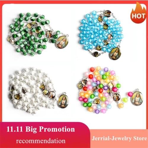14 Style Vintage Round Bead Prayer Rosary Necklace Virgin Mary Jesus Stylish Catholic Religious Cross Necklace Womens Jewellery