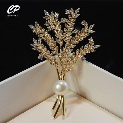 Spike Of Wheat Brooches High Qrade Plant Tree Pearl Coat Pin Brooches For Woman Wedding Party